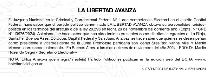 La Libertad Avanza obtiene personería jurídica como partido político nacional