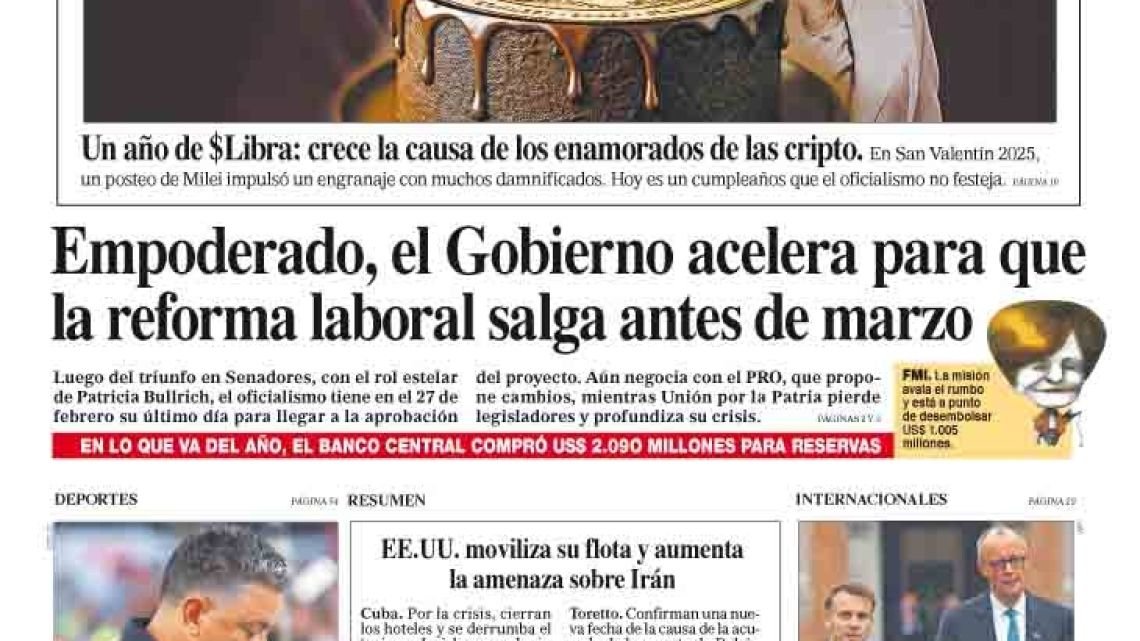 La tapa del Diario PERFIL del sábado 14 de febrero de 2026