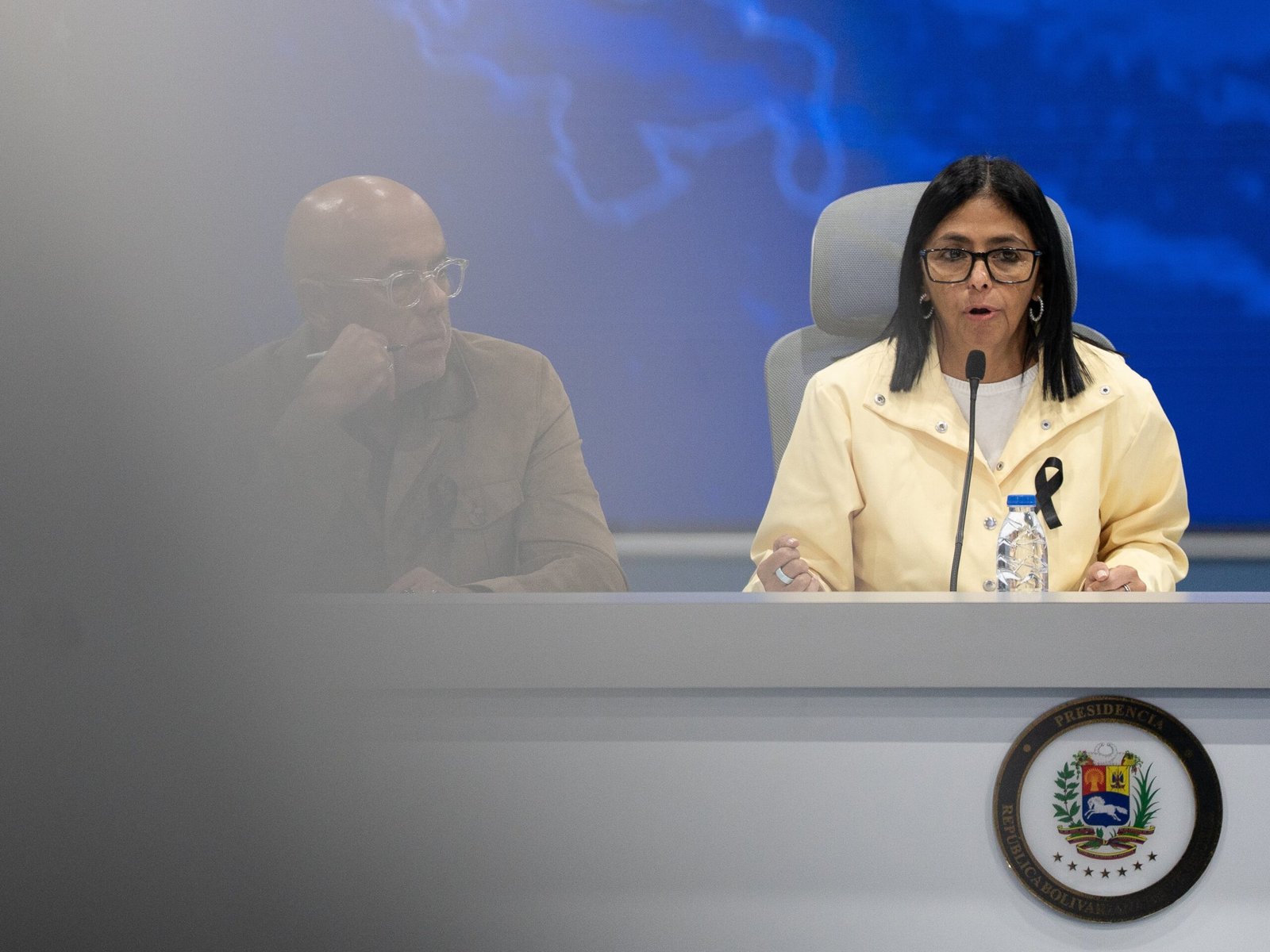 Delcy Rodríguez durante una rueda de prensa, en Caracas, el 2 de julio.