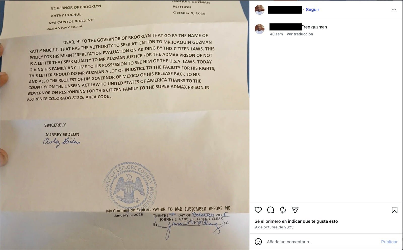 Publicación de una carta a la gobernadora de Nueva York, Kathy Hochul, en una de las cuentas de Aubrey Gideon.