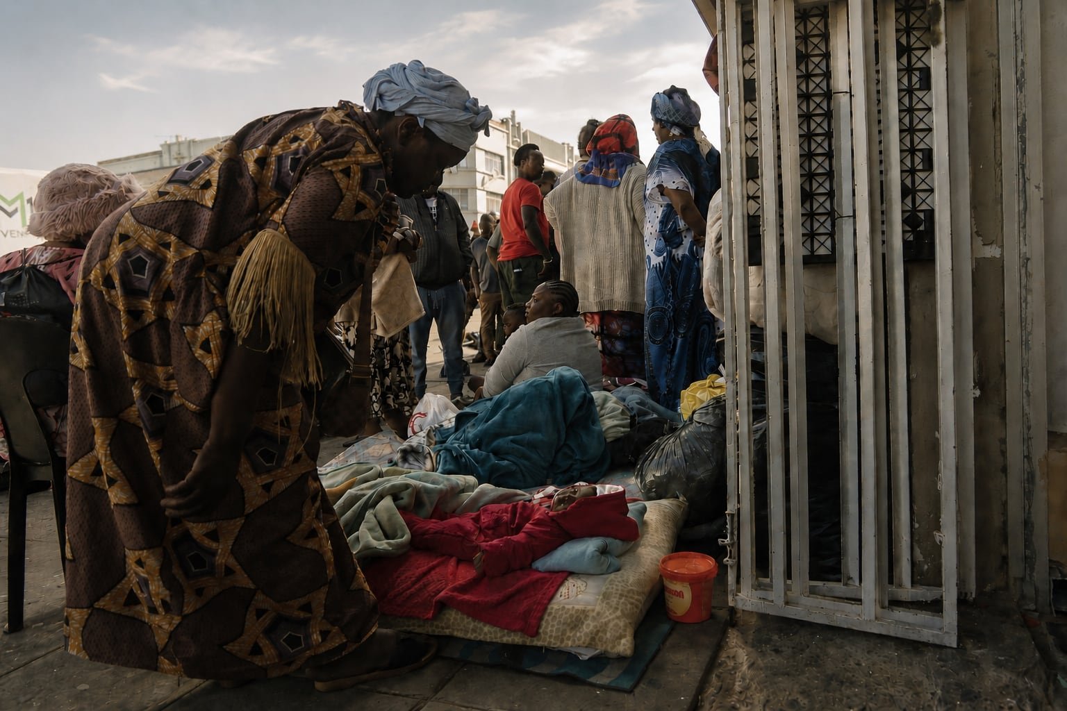 Rebecca Varis vigila a su hija Priscilla, de tres meses, en una calle de Durban (Sudáfrica) donde duermen desde que hace dos meses un grupo antimigrante las echara de su casa, el 5 de julio de 2026.