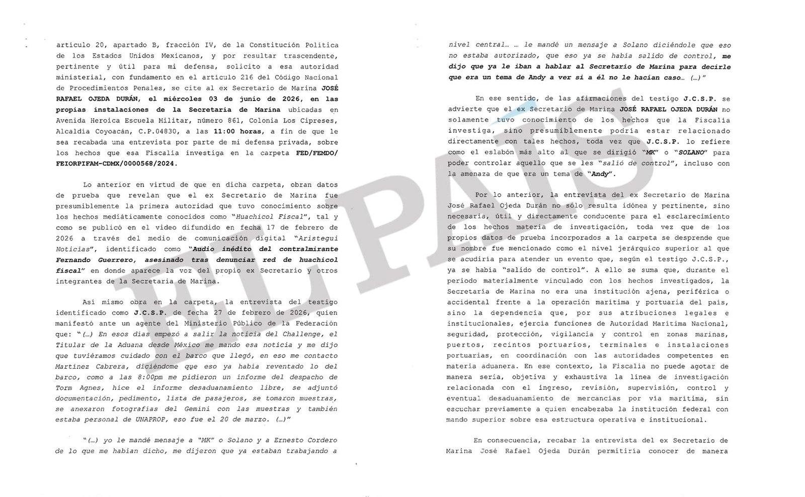 Oficio en el que se solicita la comparecencia de Rafael Ojeda Durán, exsecretario de Marina, por el caso del huachicol fiscal en las aduanas.