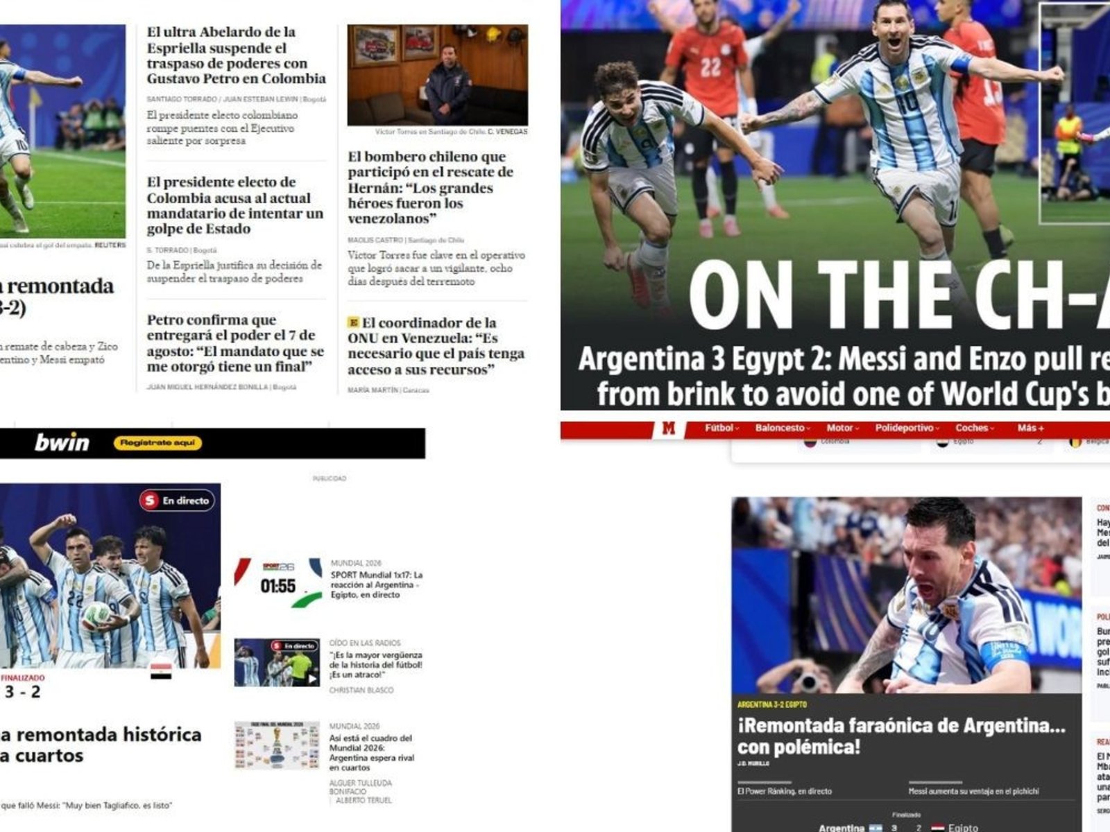 la reacción de los medios del mundo tras el 3-2 de Argentina vs Egipto