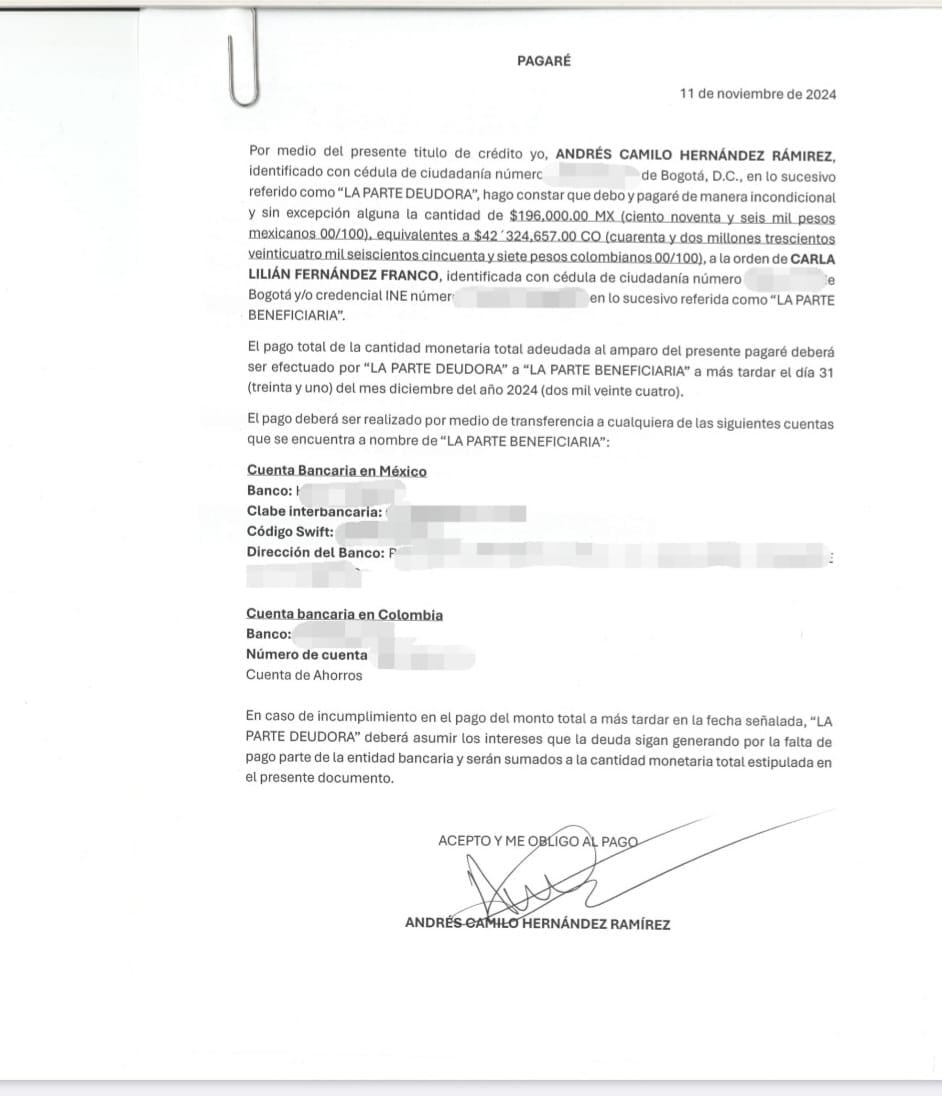 Pagaré del excónsul de Colombia en México, Andrés Hernández.