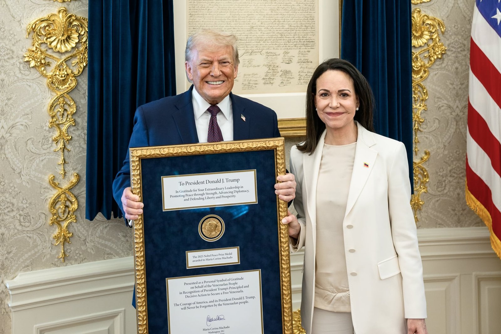 Donald Trump y María Corina Machado en la Casa Blanca, el 15 de enero.