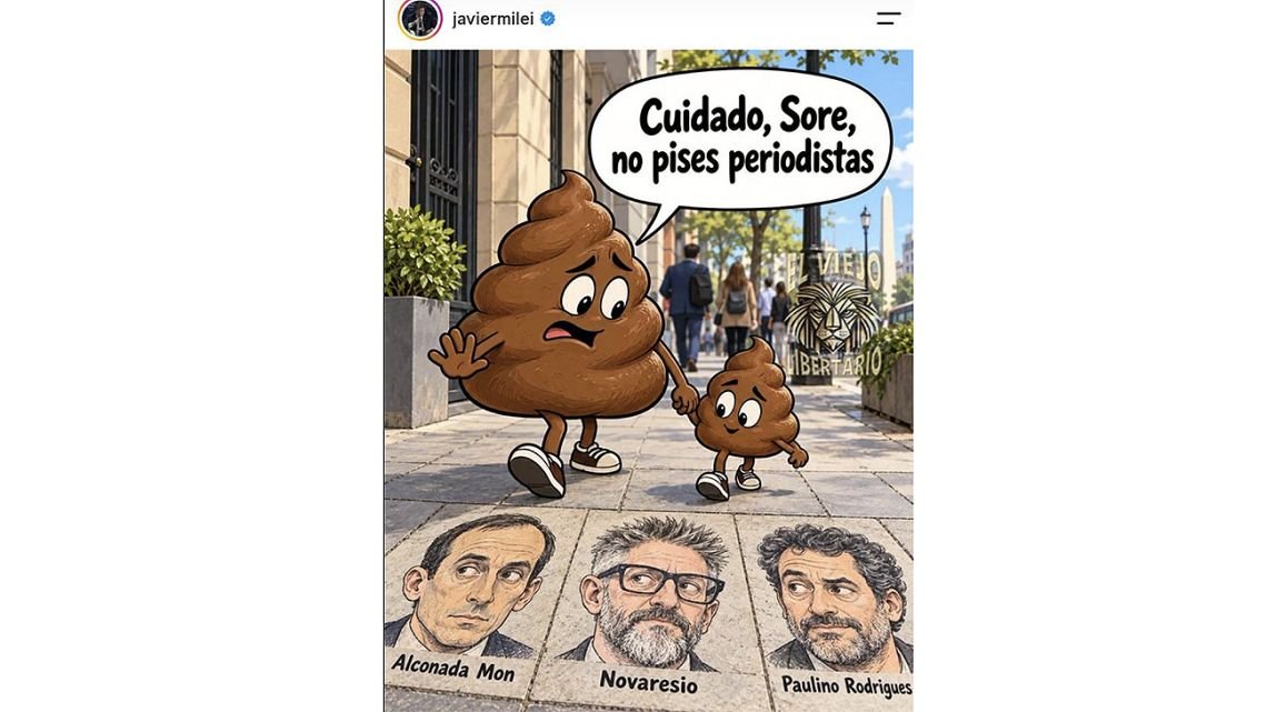 Tras llamar a "quemarlos en la hoguera", Milei pidió a "Sore... no pises periodistas" en el piso